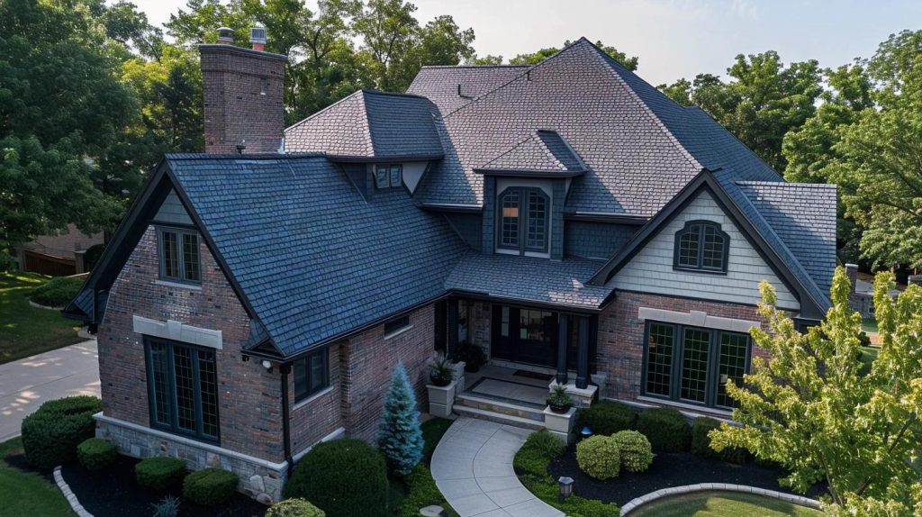 Elegant Kansas City home with a steeply pitched roof, featuring dark shingles, brick exterior, and landscaped yard, showcasing quality craftsmanship relevant to roofing services.