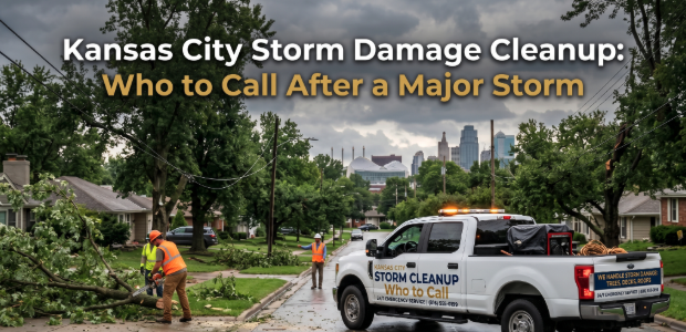 Kansas City storm damage cleanup scene featuring workers clearing fallen tree limbs and debris from a residential street, with a service truck displaying "Storm Cleanup: Who to Call" in the foreground and the Kansas City skyline in the background.