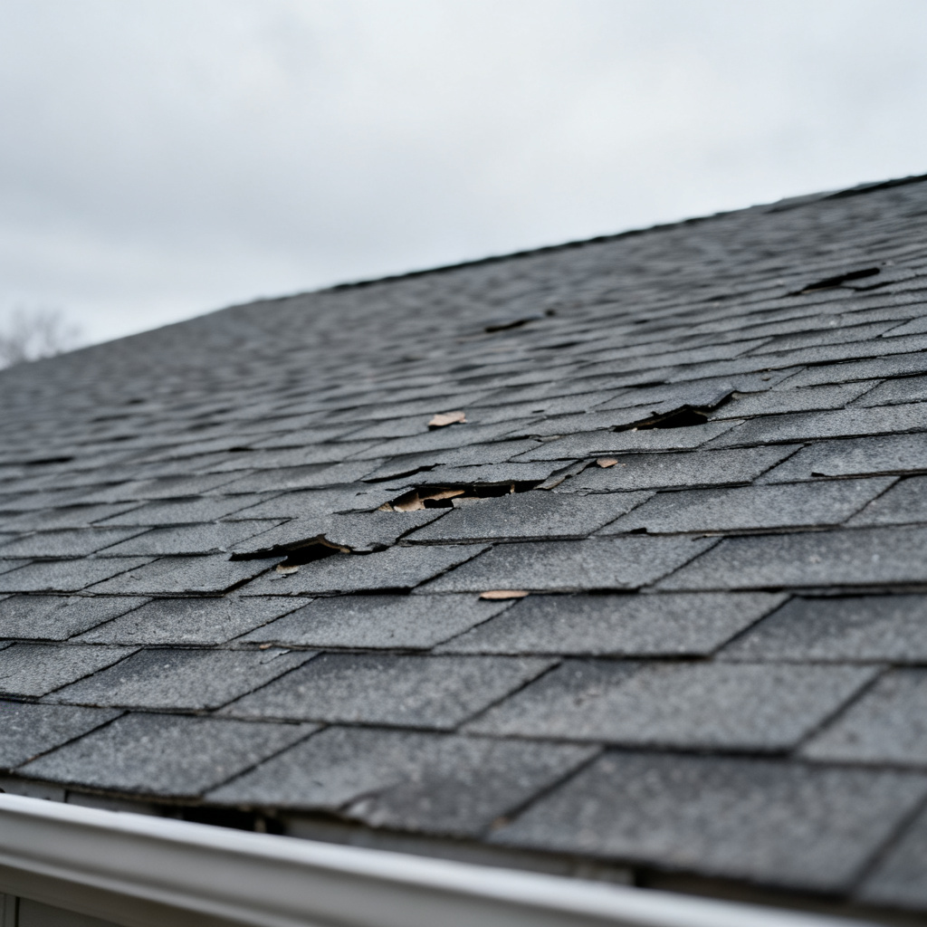 Damaged residential roof with missing shingles in Kansas City.