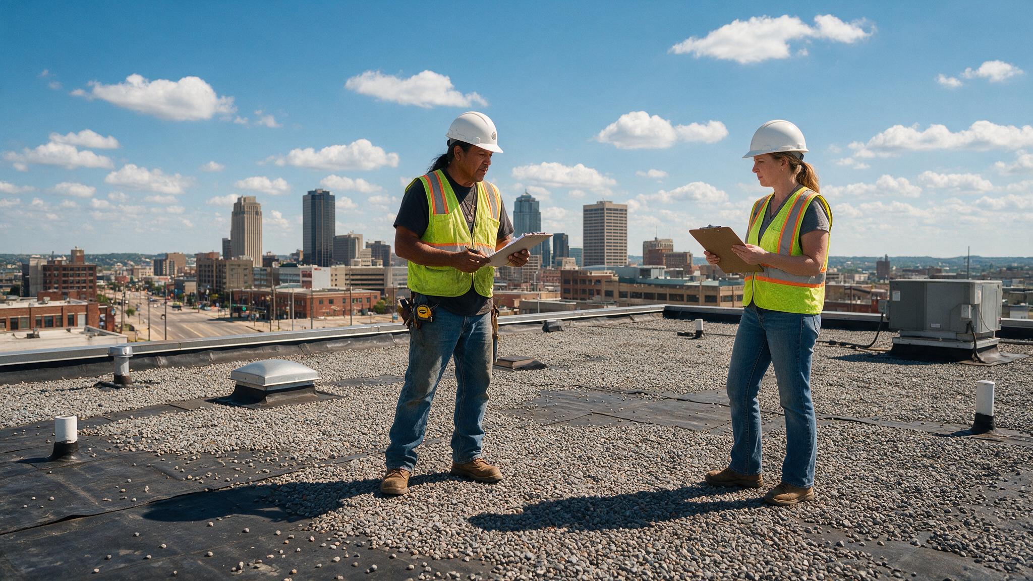 Two Blur Ribbon Roofing workers performing a roof inspection on a Kansas City commercial building.